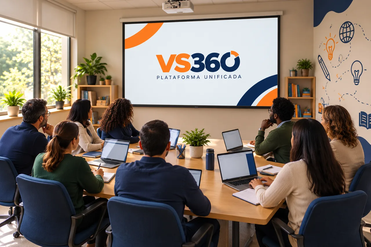 Equipe escolar reunida em reunião com a plataforma VS360 projetada na tela